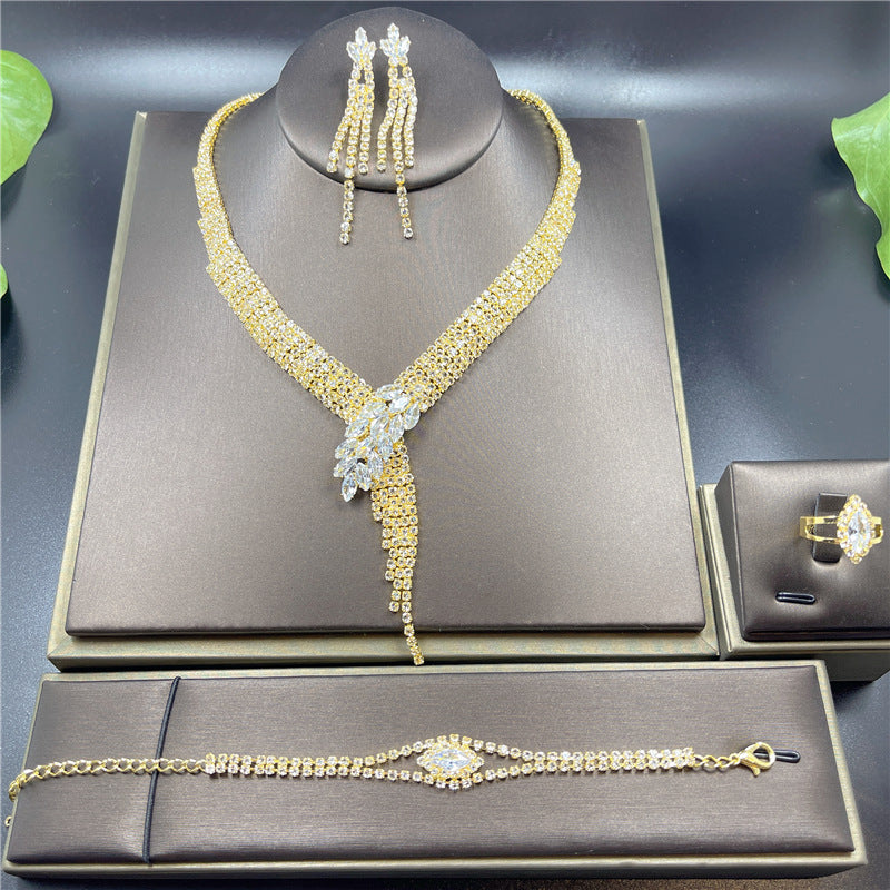 Fashion Luxury Rhinestone Earrings Necklace Ring Bracelet Four Piece Chain