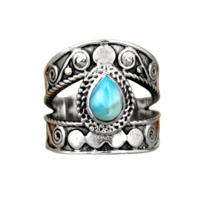 Carved Pattern Drop Shape Green Ring Retro Fashion Lady