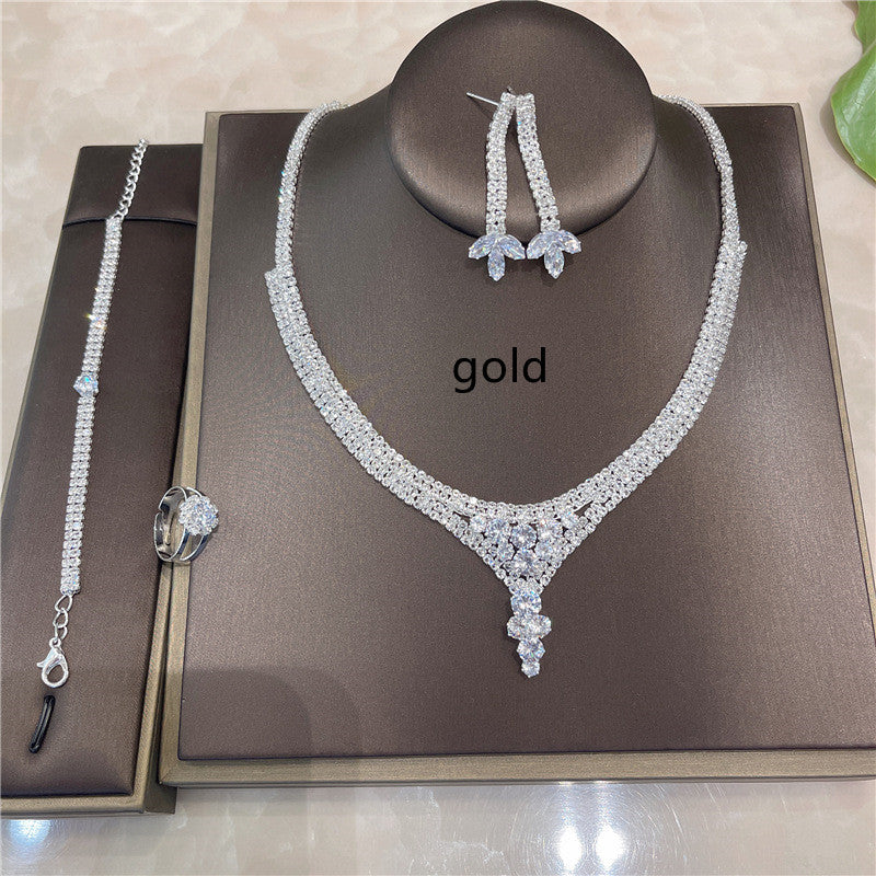Fashion Luxury Rhinestone Earrings Necklace Ring Bracelet Four Piece Chain