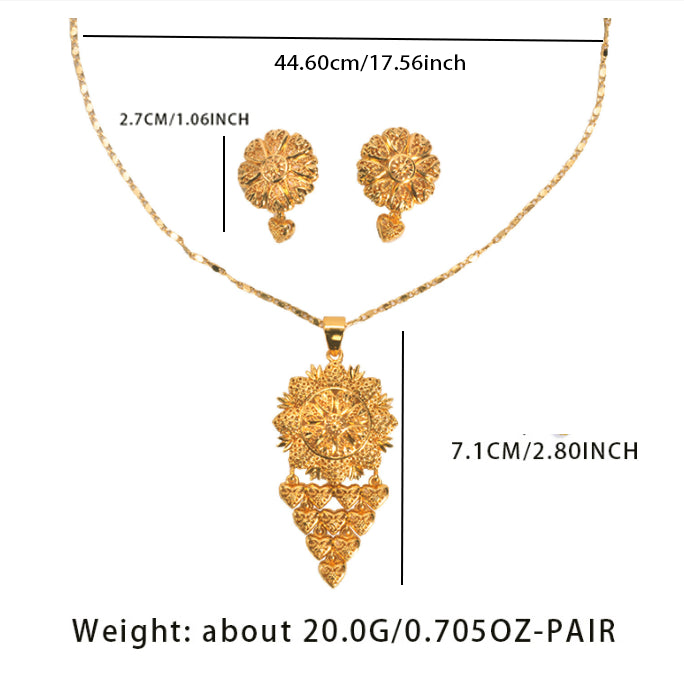 Bride's 24k Gold-plated Copper Necklace And Earrings Jewelry Set Two-piece