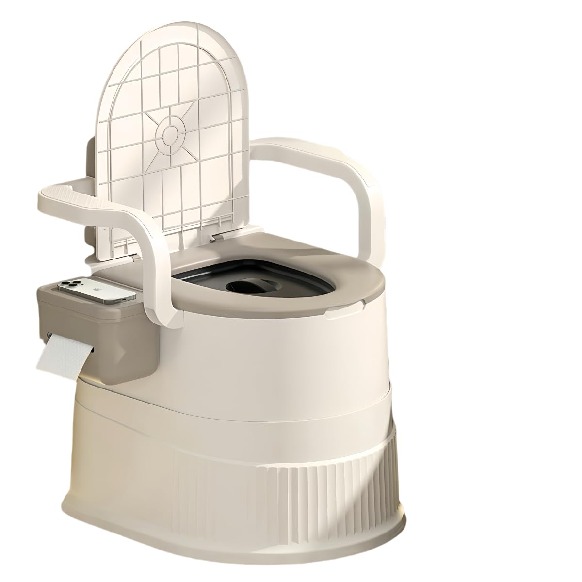 Portable toilet seat with armrests, with lid, with tissue holder, with seat function, robust, easy to clean, no power connection required, suitable for indoor and outdoor use (Gray)