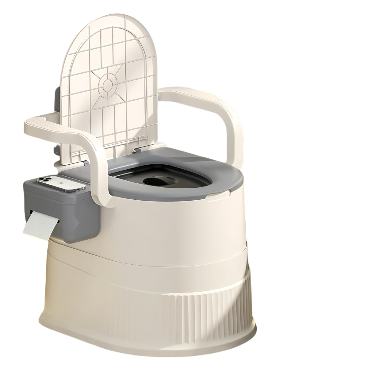Portable toilet seat with armrests, with lid, with tissue holder, with seat function, robust, easy to clean, no power connection required, suitable for indoor and outdoor use (Gray)