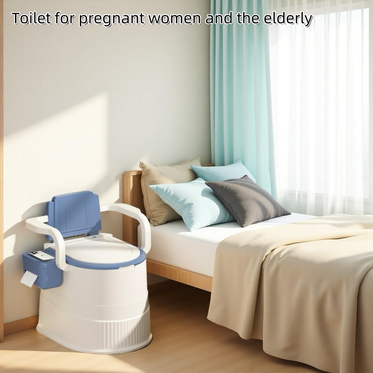 Portable toilet seat with armrests, with lid, with tissue holder, with seat function, robust, easy to clean, no power connection required, suitable for indoor and outdoor use (Gray)