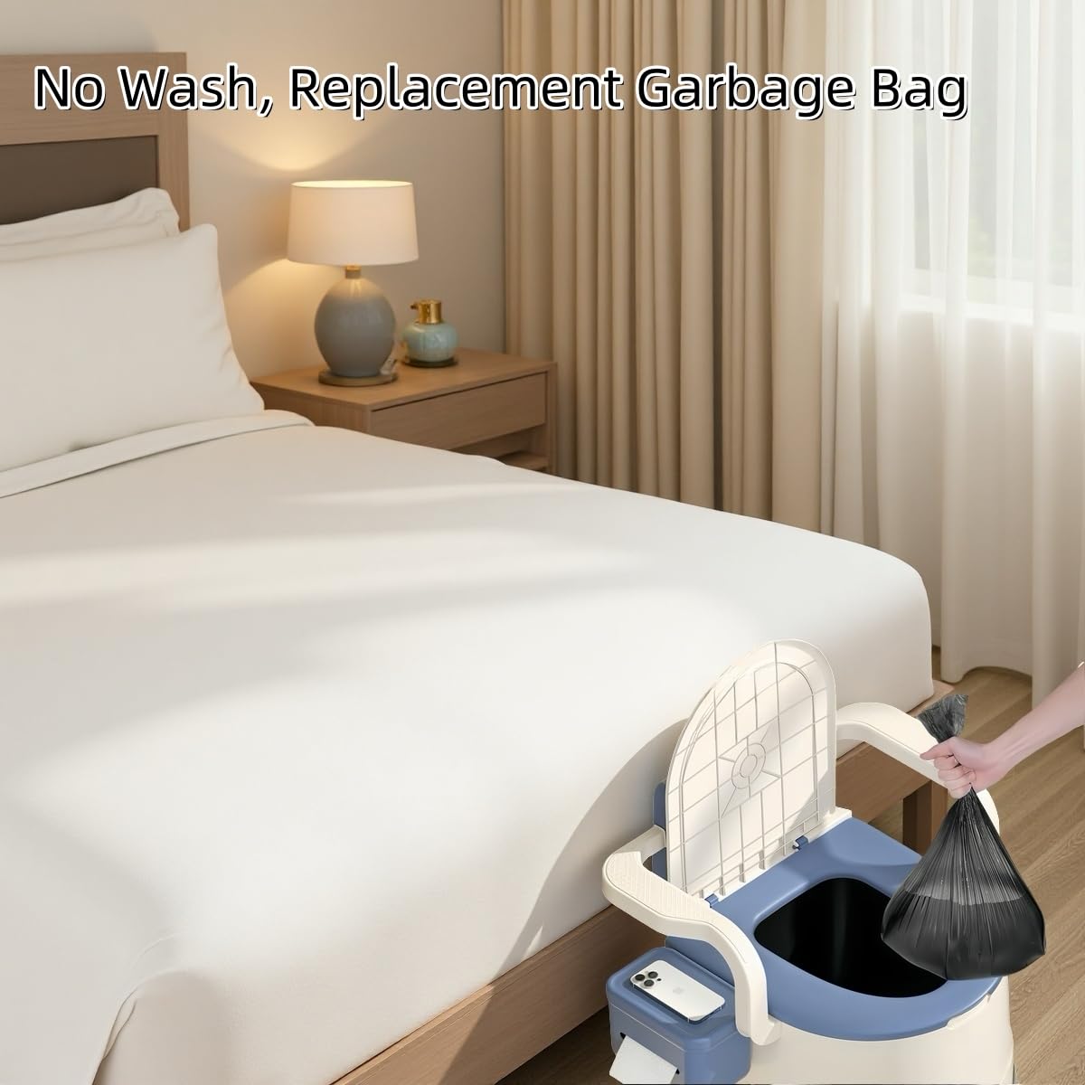 Portable toilet seat with armrests, with lid, with tissue holder, with seat function, robust, easy to clean, no power connection required, suitable for indoor and outdoor use (Gray)