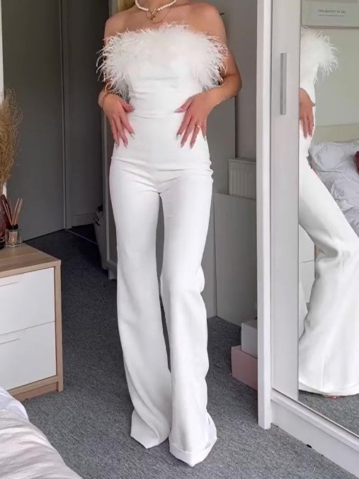 Elegant White Off-Shoulder Jumpsuit With Feather Accents