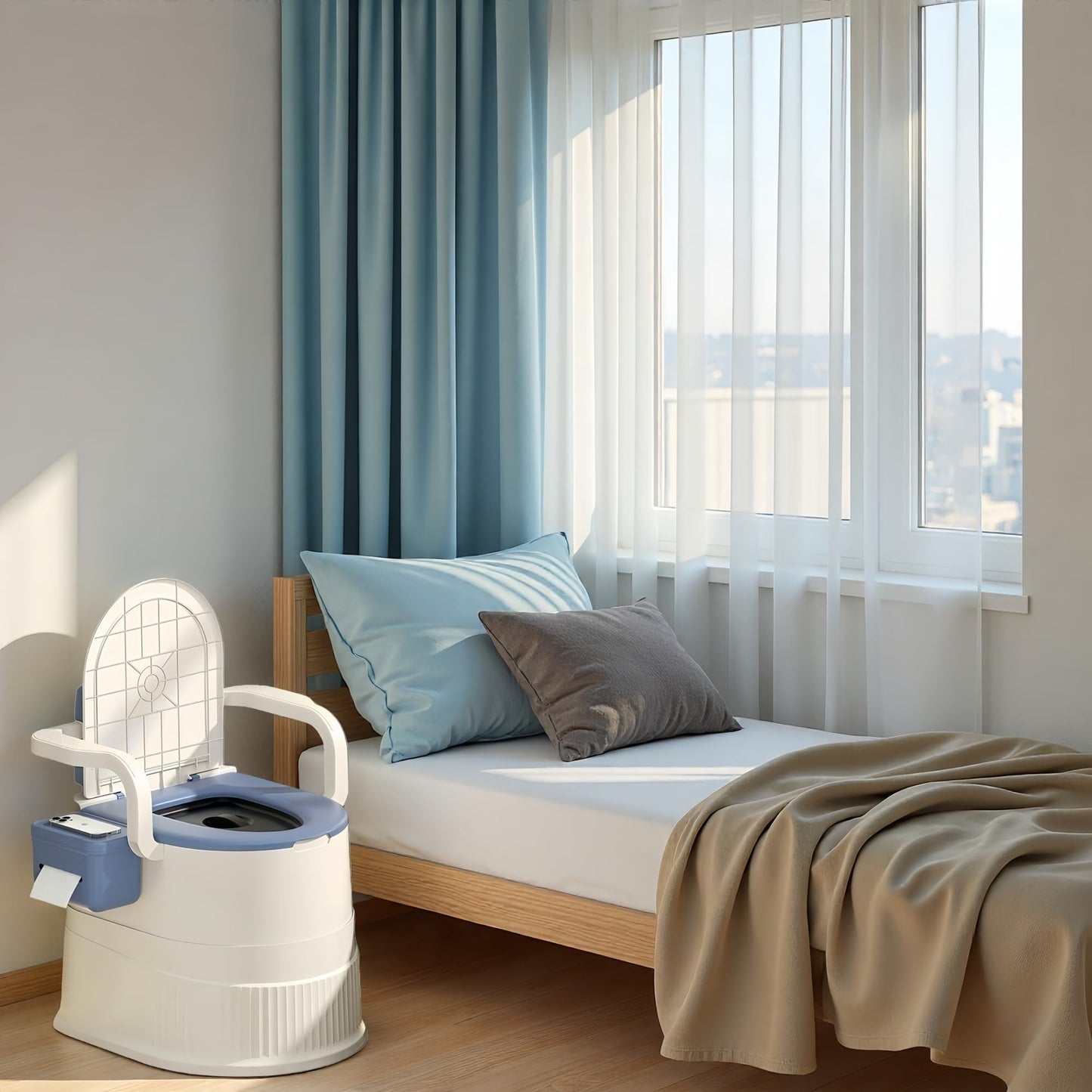 Portable toilet seat with armrests, with lid, with tissue holder, with seat function, robust, easy to clean, no power connection required, suitable for indoor and outdoor use (Gray)