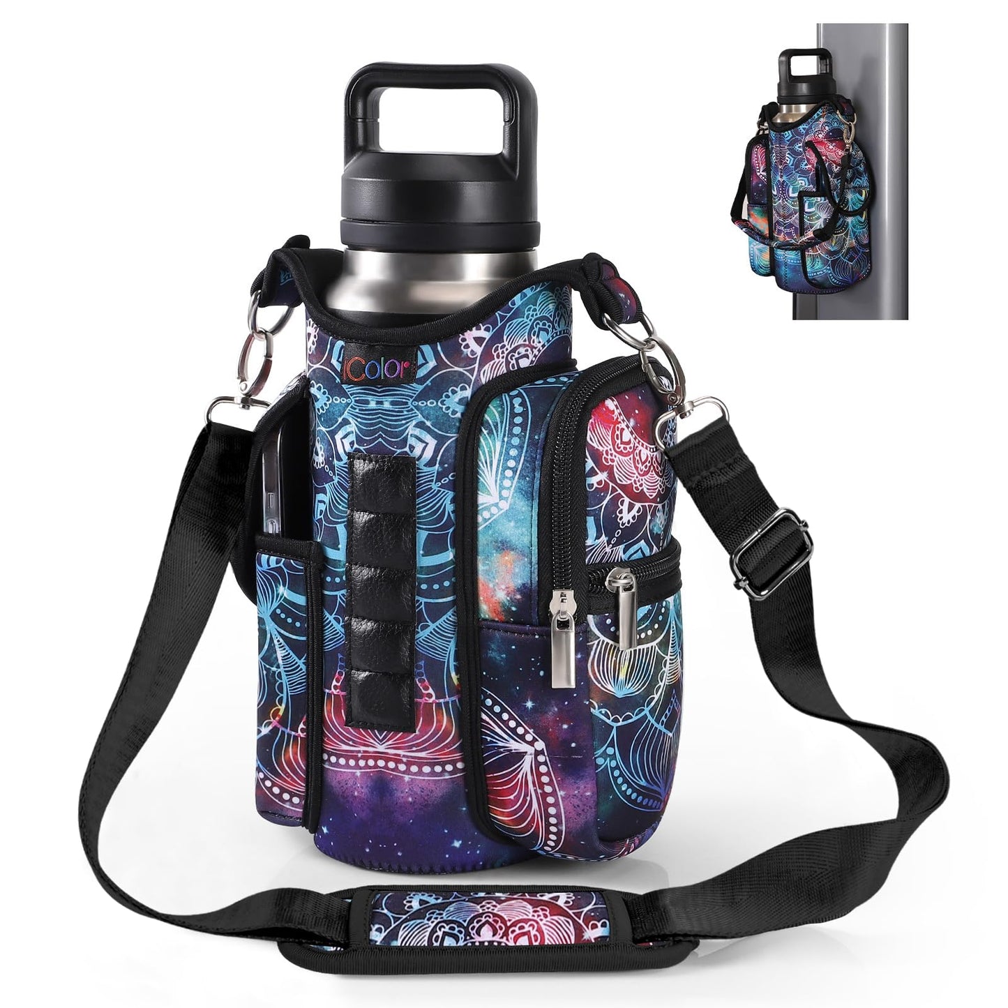 icolor Magnetic Gym Bag Water Bottle Carrier Holder with Phone Pockets & Shoulder Strap,Gym Magnetic Bag 5 Built-in Magnets Gym Accessories Organizer Sling Bottle Bag Pouch Sleeve