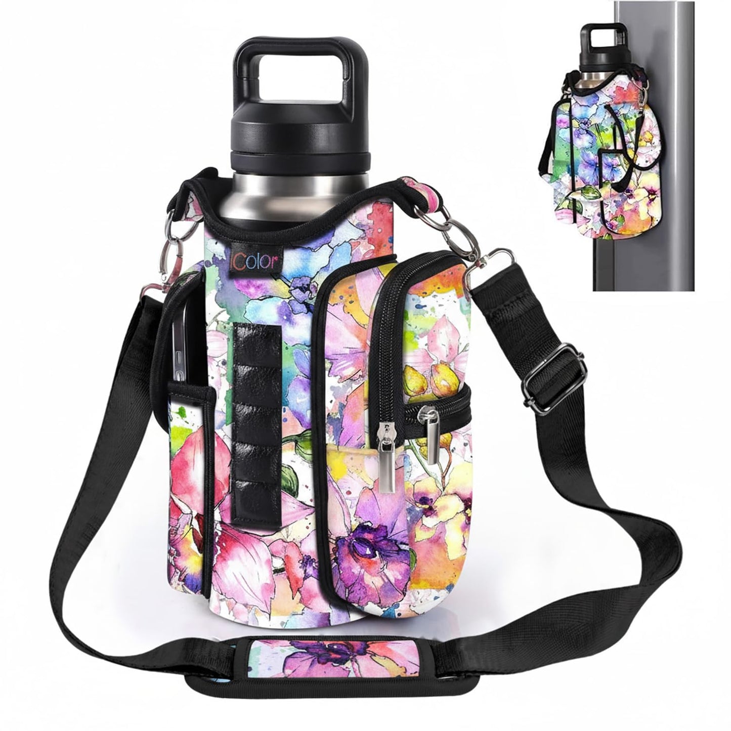 icolor Magnetic Gym Bag Water Bottle Carrier Holder with Phone Pockets & Shoulder Strap,Gym Magnetic Bag 5 Built-in Magnets Gym Accessories Organizer Sling Bottle Bag Pouch Sleeve