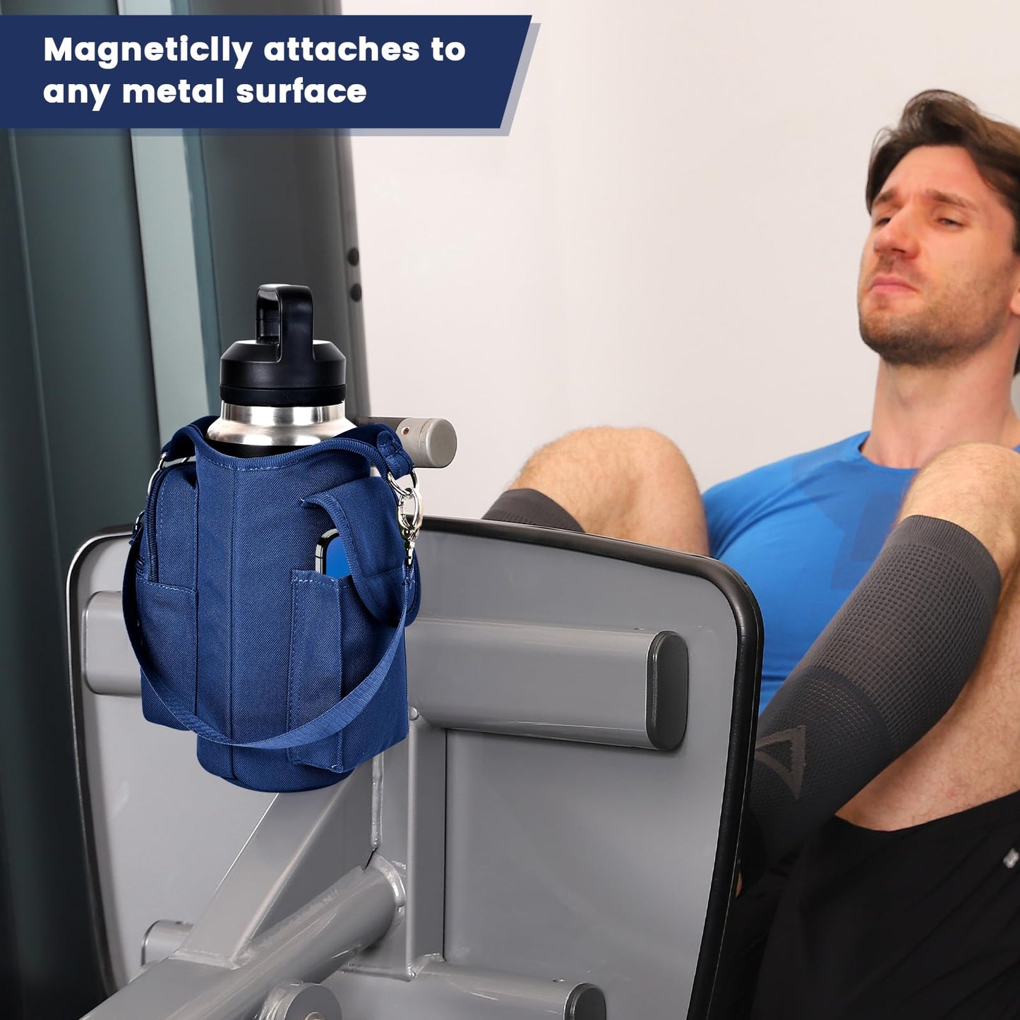 icolor Magnetic Gym Bag Water Bottle Carrier Holder with Phone Pockets & Shoulder Strap,Gym Magnetic Bag 5 Built-in Magnets Gym Accessories Organizer Sling Bottle Bag Pouch Sleeve