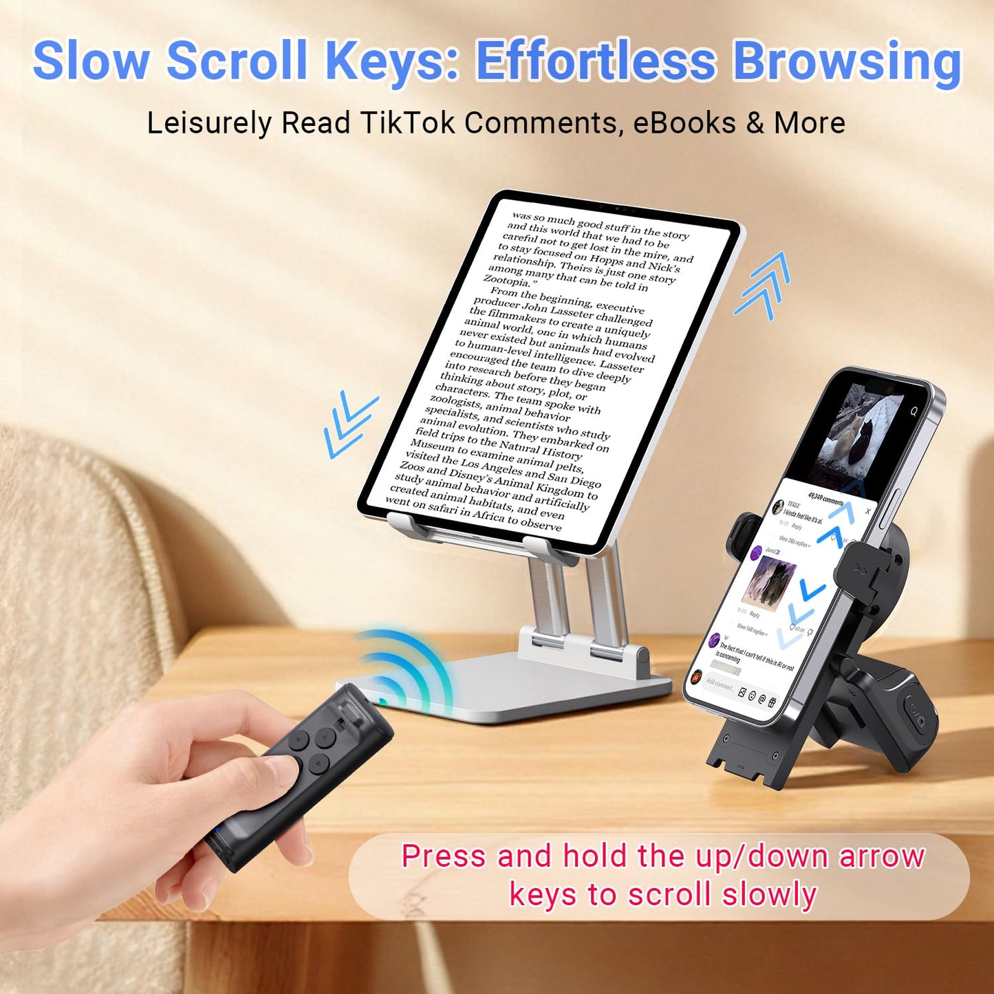 MILOUZ Remote Control Scrolling for Tiktok with Phone Stand,Page Turner for Kindle App E-Book,Bluetooth Camera Shutter Remote for iPhone, Android,iOS,iPad,Tablet