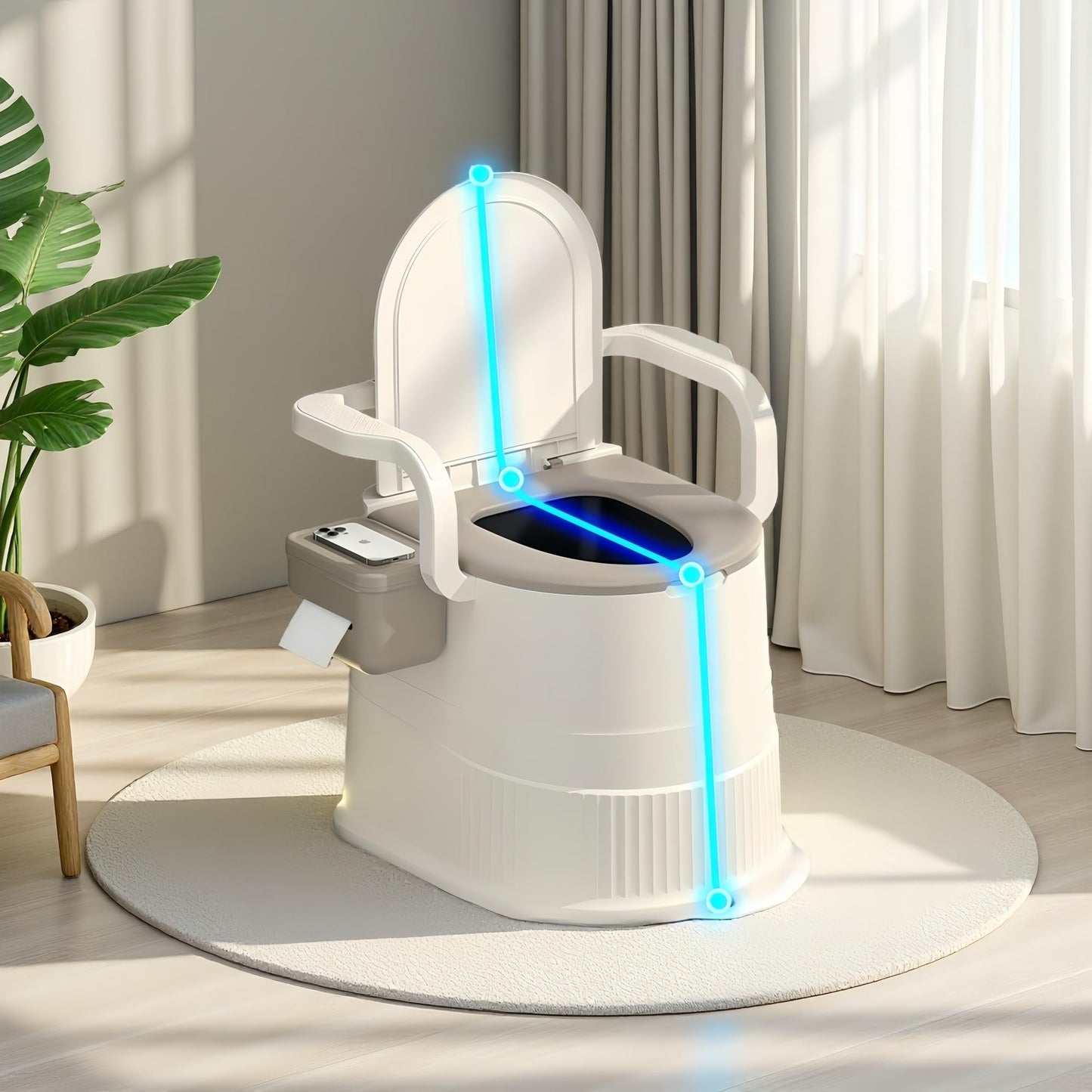 Portable toilet seat with armrests, with lid, with tissue holder, with seat function, robust, easy to clean, no power connection required, suitable for indoor and outdoor use (Gray)