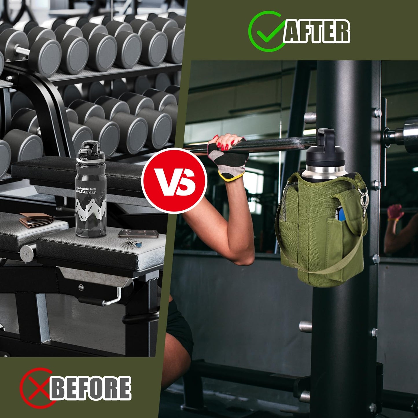 icolor Magnetic Gym Bag Water Bottle Carrier Holder with Phone Pockets & Shoulder Strap,Gym Magnetic Bag 5 Built-in Magnets Gym Accessories Organizer Sling Bottle Bag Pouch Sleeve