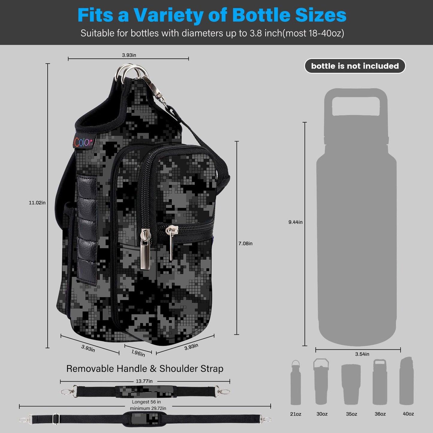 icolor Magnetic Gym Bag Water Bottle Carrier Holder with Phone Pockets & Shoulder Strap,Gym Magnetic Bag 5 Built-in Magnets Gym Accessories Organizer Sling Bottle Bag Pouch Sleeve