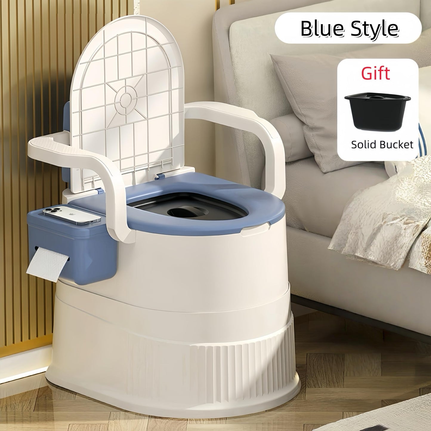 Portable toilet seat with armrests, with lid, with tissue holder, with seat function, robust, easy to clean, no power connection required, suitable for indoor and outdoor use (Gray)