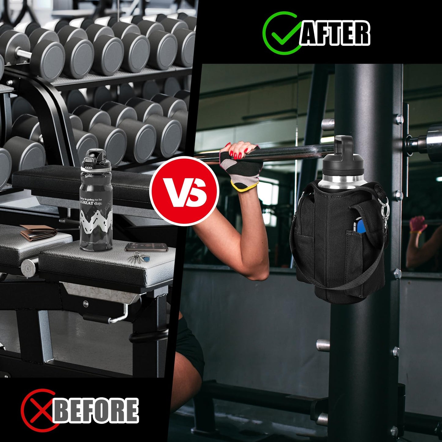 icolor Magnetic Gym Bag Water Bottle Carrier Holder with Phone Pockets & Shoulder Strap,Gym Magnetic Bag 5 Built-in Magnets Gym Accessories Organizer Sling Bottle Bag Pouch Sleeve