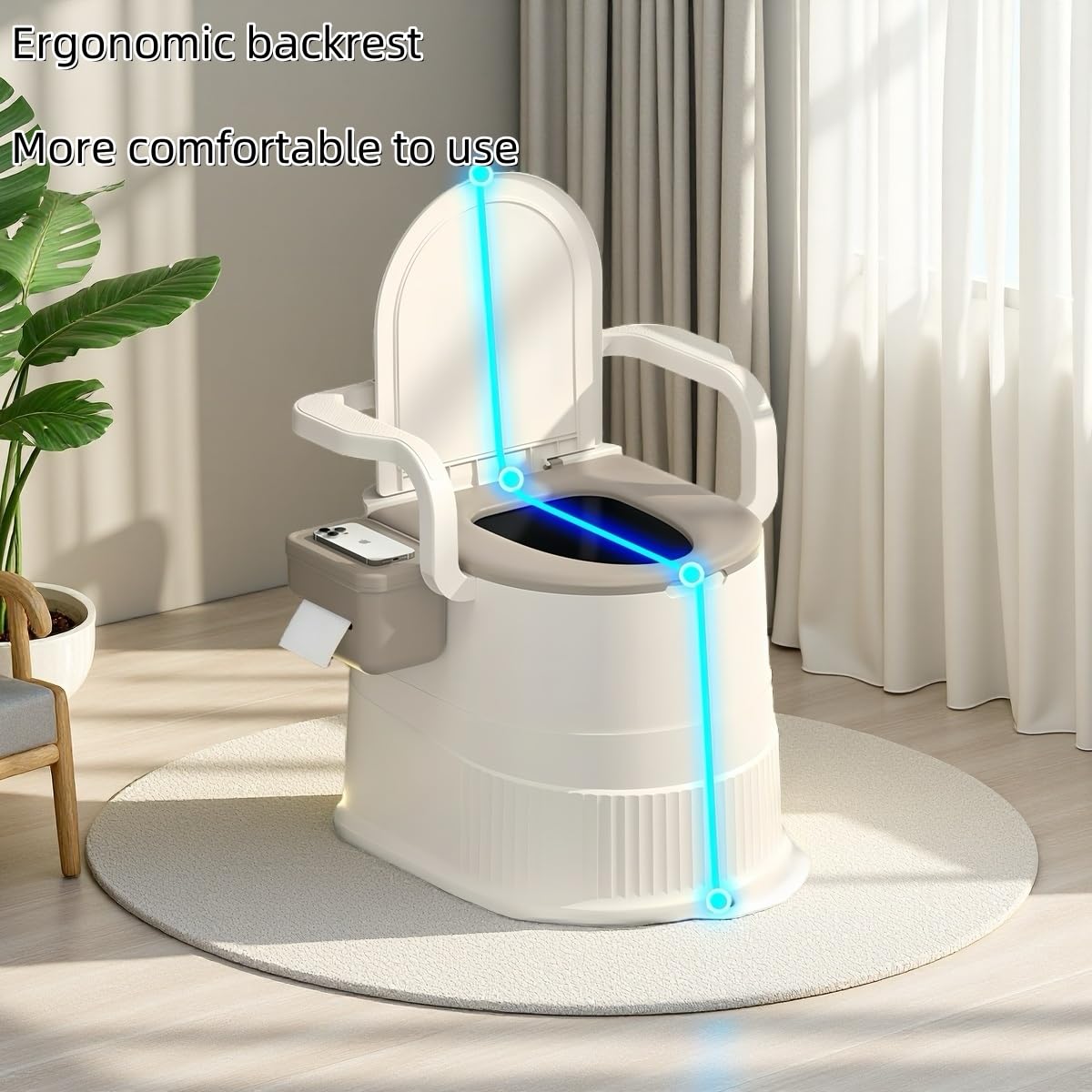 Portable toilet seat with armrests, with lid, with tissue holder, with seat function, robust, easy to clean, no power connection required, suitable for indoor and outdoor use (Gray)