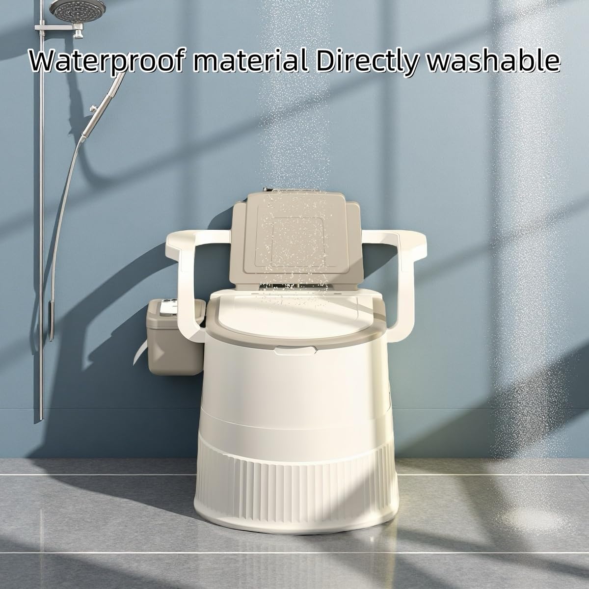 Portable toilet seat with armrests, with lid, with tissue holder, with seat function, robust, easy to clean, no power connection required, suitable for indoor and outdoor use (Gray)