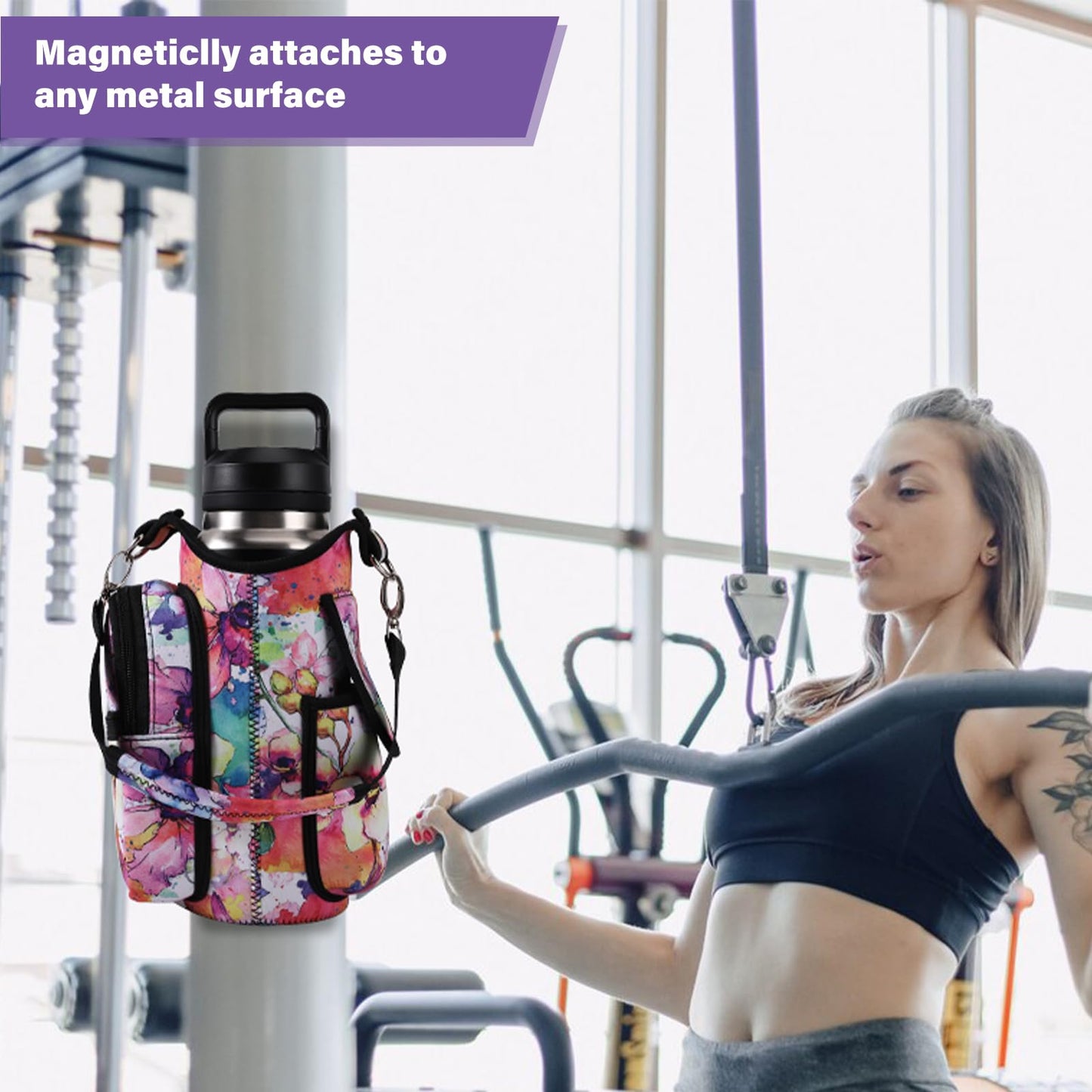 icolor Magnetic Gym Bag Water Bottle Carrier Holder with Phone Pockets & Shoulder Strap,Gym Magnetic Bag 5 Built-in Magnets Gym Accessories Organizer Sling Bottle Bag Pouch Sleeve