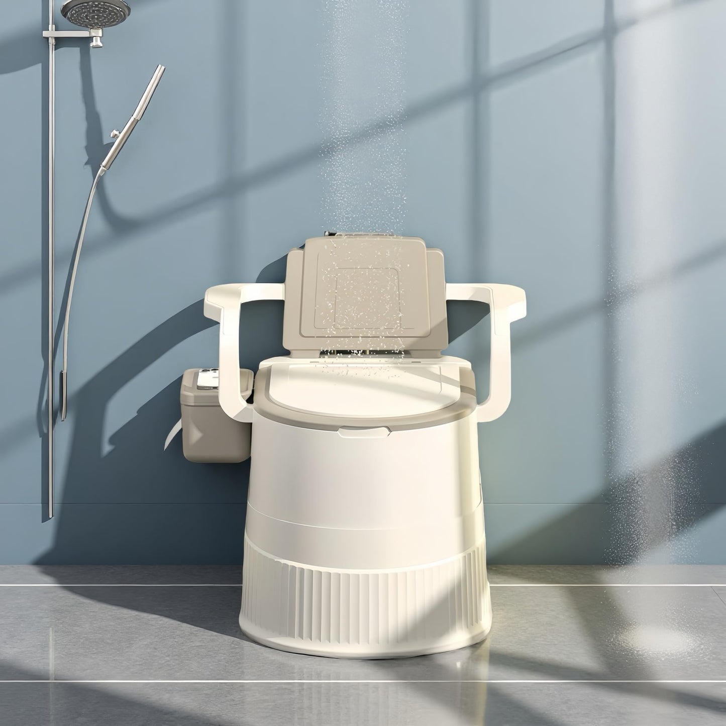 Portable toilet seat with armrests, with lid, with tissue holder, with seat function, robust, easy to clean, no power connection required, suitable for indoor and outdoor use (Gray)