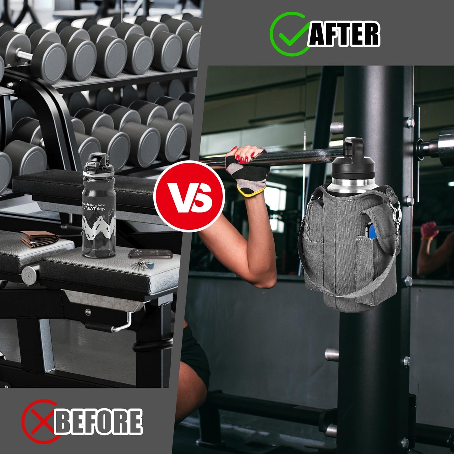 icolor Magnetic Gym Bag Water Bottle Carrier Holder with Phone Pockets & Shoulder Strap,Gym Magnetic Bag 5 Built-in Magnets Gym Accessories Organizer Sling Bottle Bag Pouch Sleeve