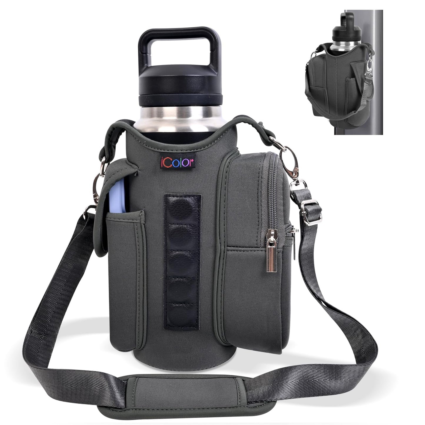 icolor Magnetic Gym Bag Water Bottle Carrier Holder with Phone Pockets & Shoulder Strap,Gym Magnetic Bag 5 Built-in Magnets Gym Accessories Organizer Sling Bottle Bag Pouch Sleeve