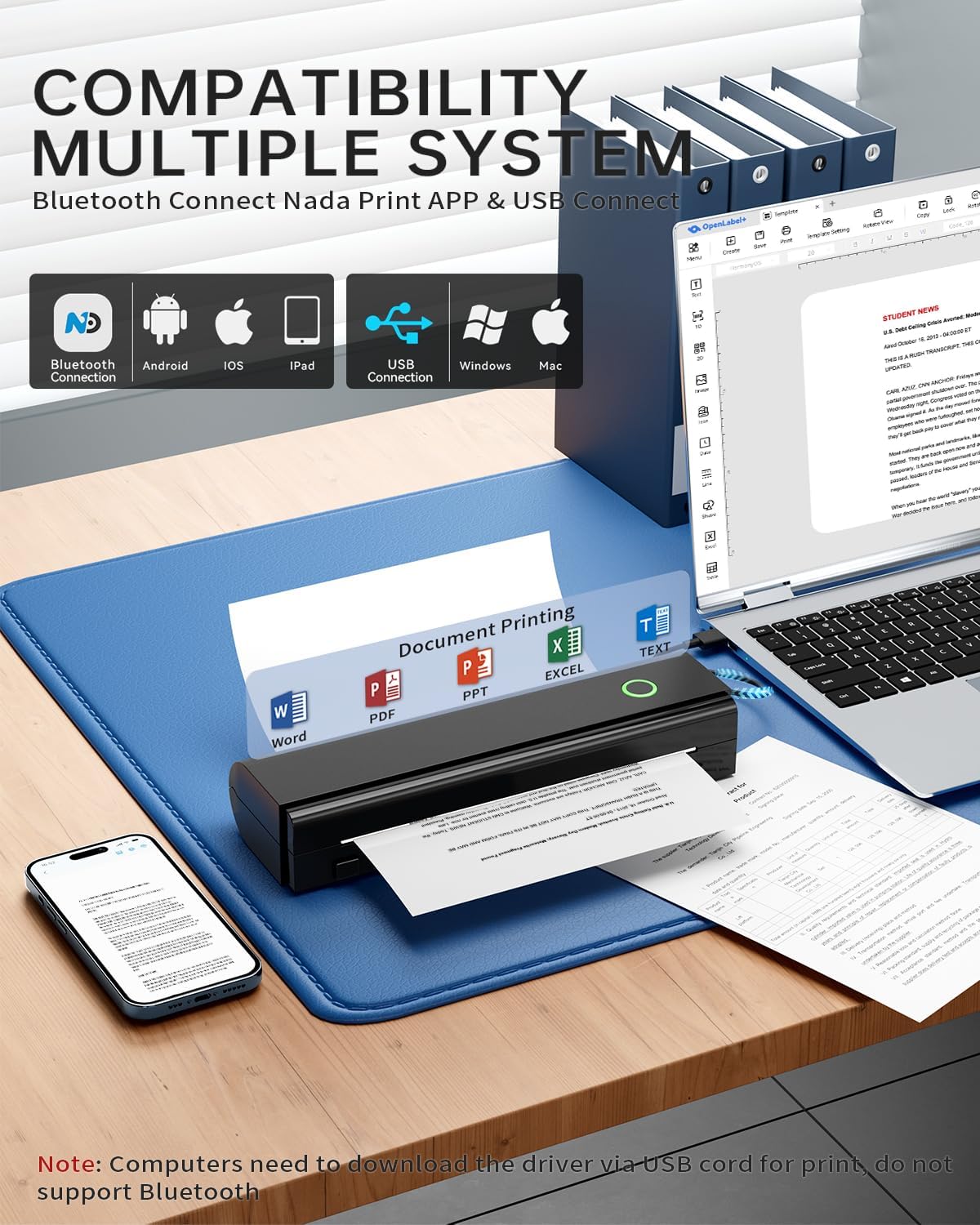 Portable Printers Wireless for Travel, N80 Wireless Thermal Printer Bluetooth Inkless Printer Support 8.5" X 11" US Letter & A4 Size, Compatible with iOS, Android, Laptop for Office, Home, Car, Black