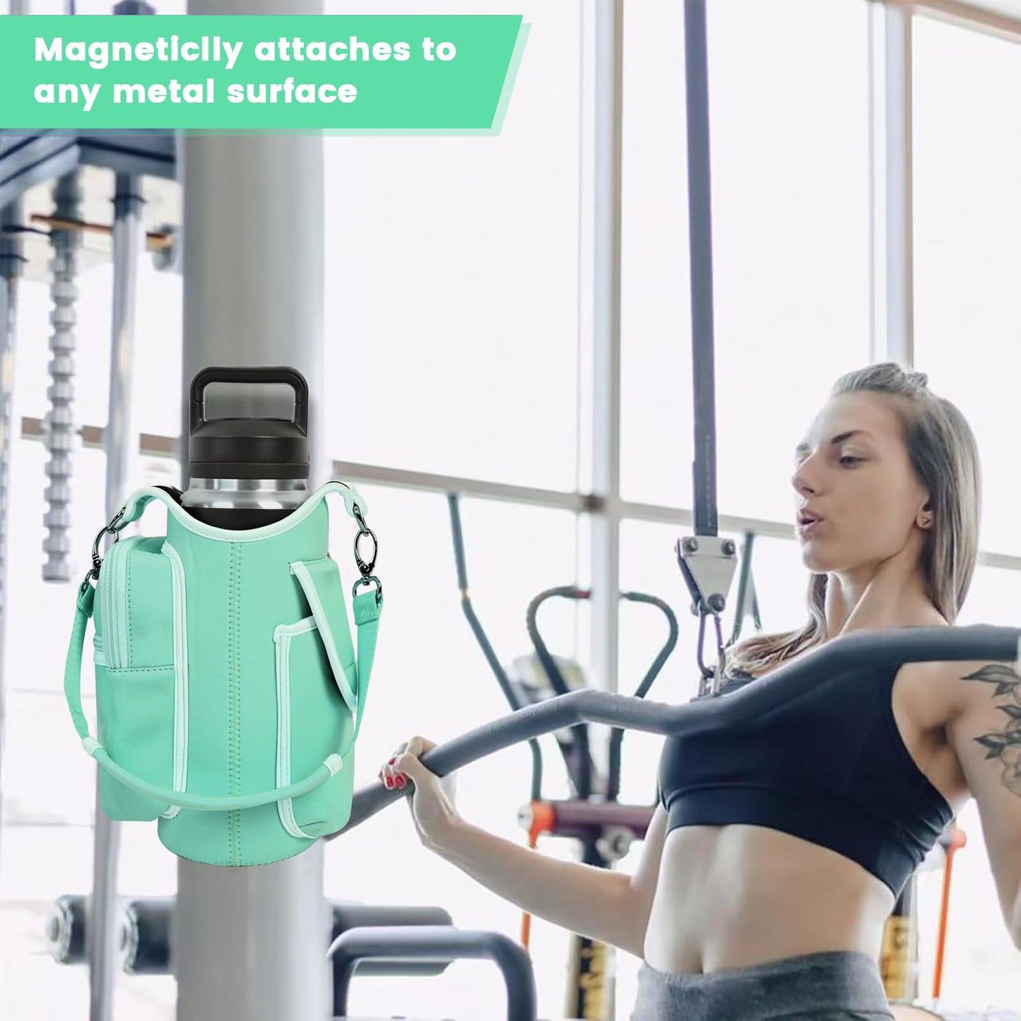icolor Magnetic Gym Bag Water Bottle Carrier Holder with Phone Pockets & Shoulder Strap,Gym Magnetic Bag 5 Built-in Magnets Gym Accessories Organizer Sling Bottle Bag Pouch Sleeve