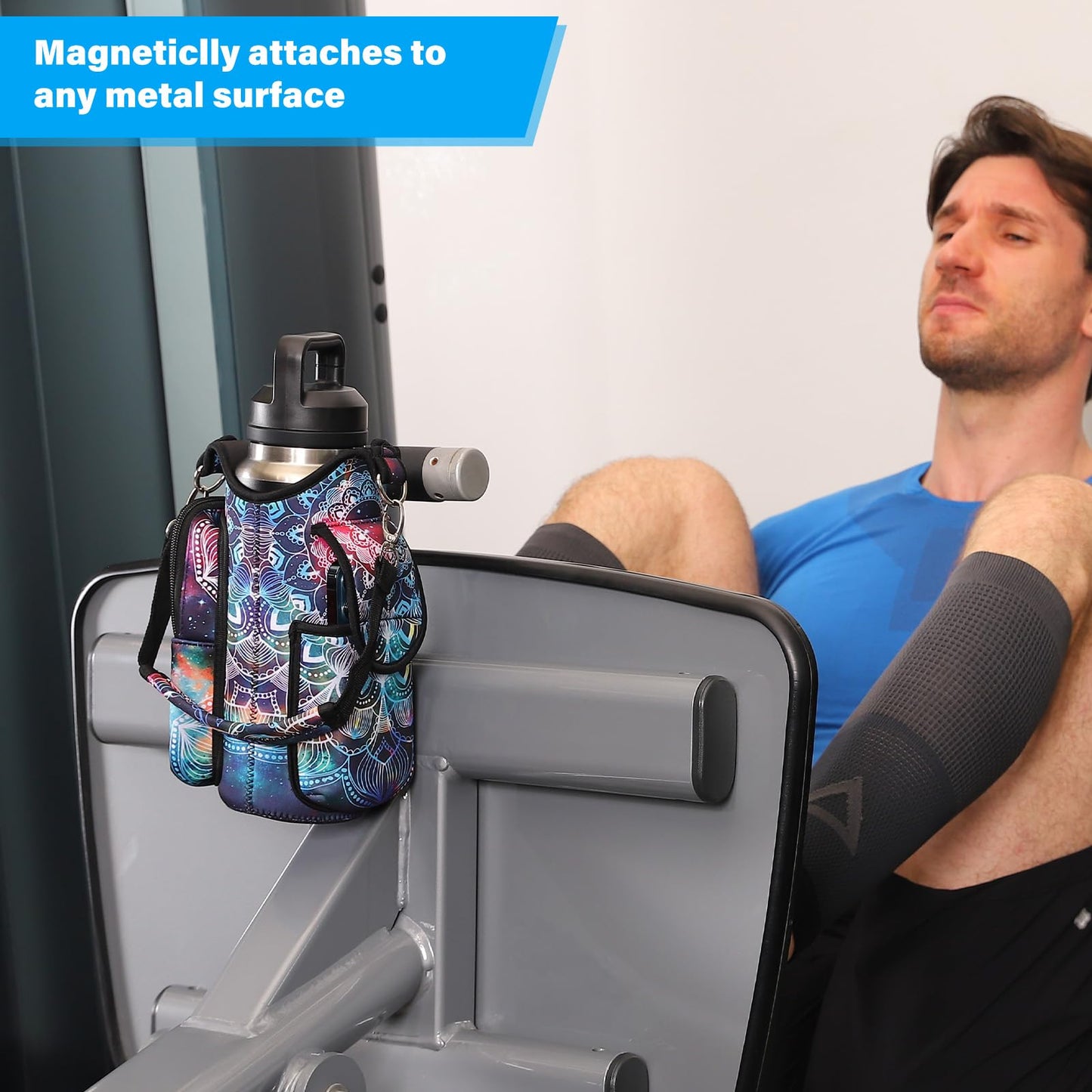 icolor Magnetic Gym Bag Water Bottle Carrier Holder with Phone Pockets & Shoulder Strap,Gym Magnetic Bag 5 Built-in Magnets Gym Accessories Organizer Sling Bottle Bag Pouch Sleeve
