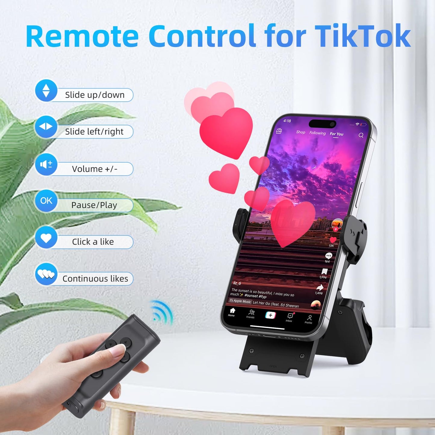MILOUZ Remote Control Scrolling for Tiktok with Phone Stand,Page Turner for Kindle App E-Book,Bluetooth Camera Shutter Remote for iPhone, Android,iOS,iPad,Tablet
