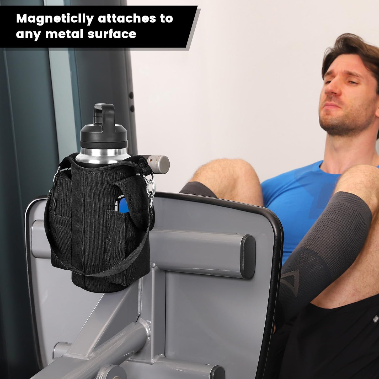 icolor Magnetic Gym Bag Water Bottle Carrier Holder with Phone Pockets & Shoulder Strap,Gym Magnetic Bag 5 Built-in Magnets Gym Accessories Organizer Sling Bottle Bag Pouch Sleeve