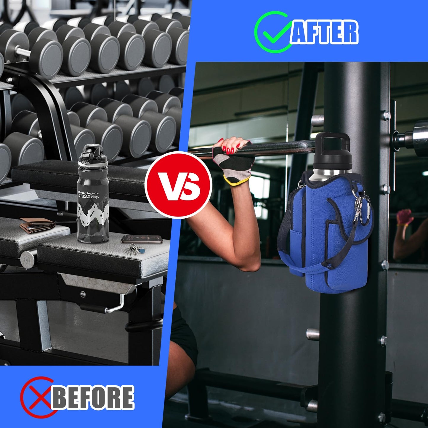 icolor Magnetic Gym Bag Water Bottle Carrier Holder with Phone Pockets & Shoulder Strap,Gym Magnetic Bag 5 Built-in Magnets Gym Accessories Organizer Sling Bottle Bag Pouch Sleeve