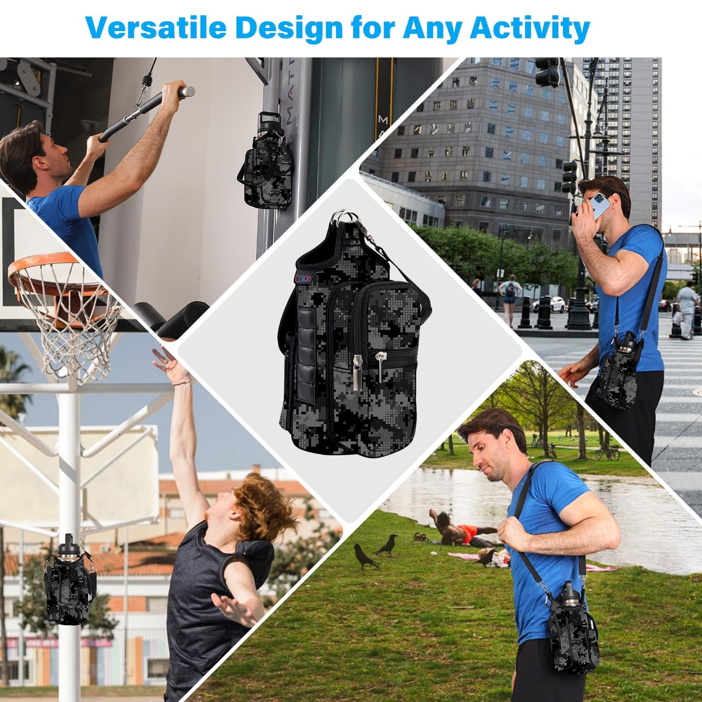 icolor Magnetic Gym Bag Water Bottle Carrier Holder with Phone Pockets & Shoulder Strap,Gym Magnetic Bag 5 Built-in Magnets Gym Accessories Organizer Sling Bottle Bag Pouch Sleeve