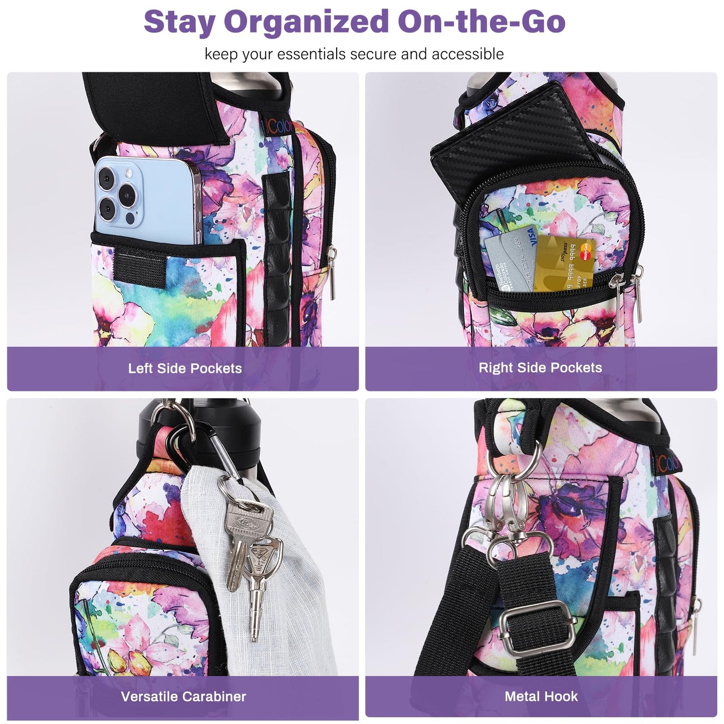 icolor Magnetic Gym Bag Water Bottle Carrier Holder with Phone Pockets & Shoulder Strap,Gym Magnetic Bag 5 Built-in Magnets Gym Accessories Organizer Sling Bottle Bag Pouch Sleeve