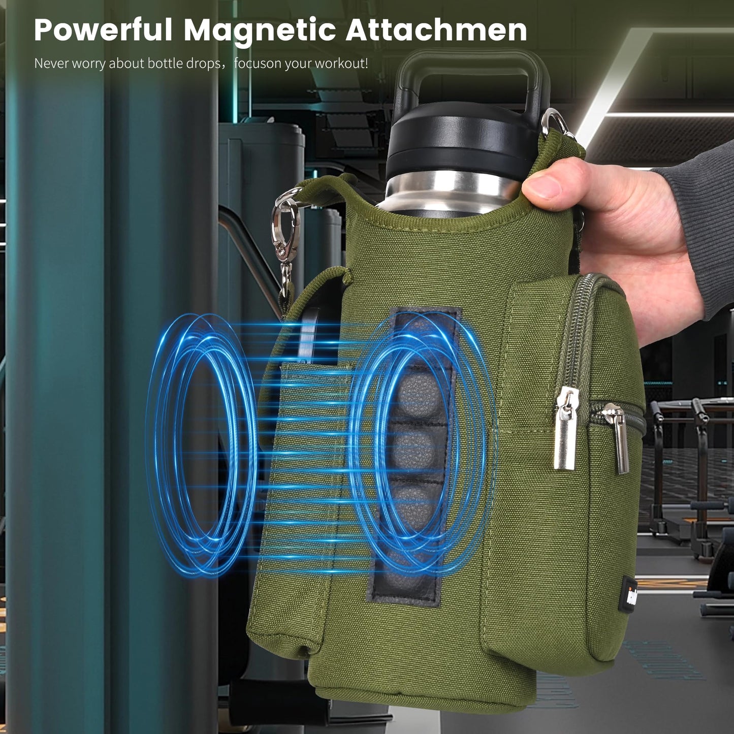 icolor Magnetic Gym Bag Water Bottle Carrier Holder with Phone Pockets & Shoulder Strap,Gym Magnetic Bag 5 Built-in Magnets Gym Accessories Organizer Sling Bottle Bag Pouch Sleeve