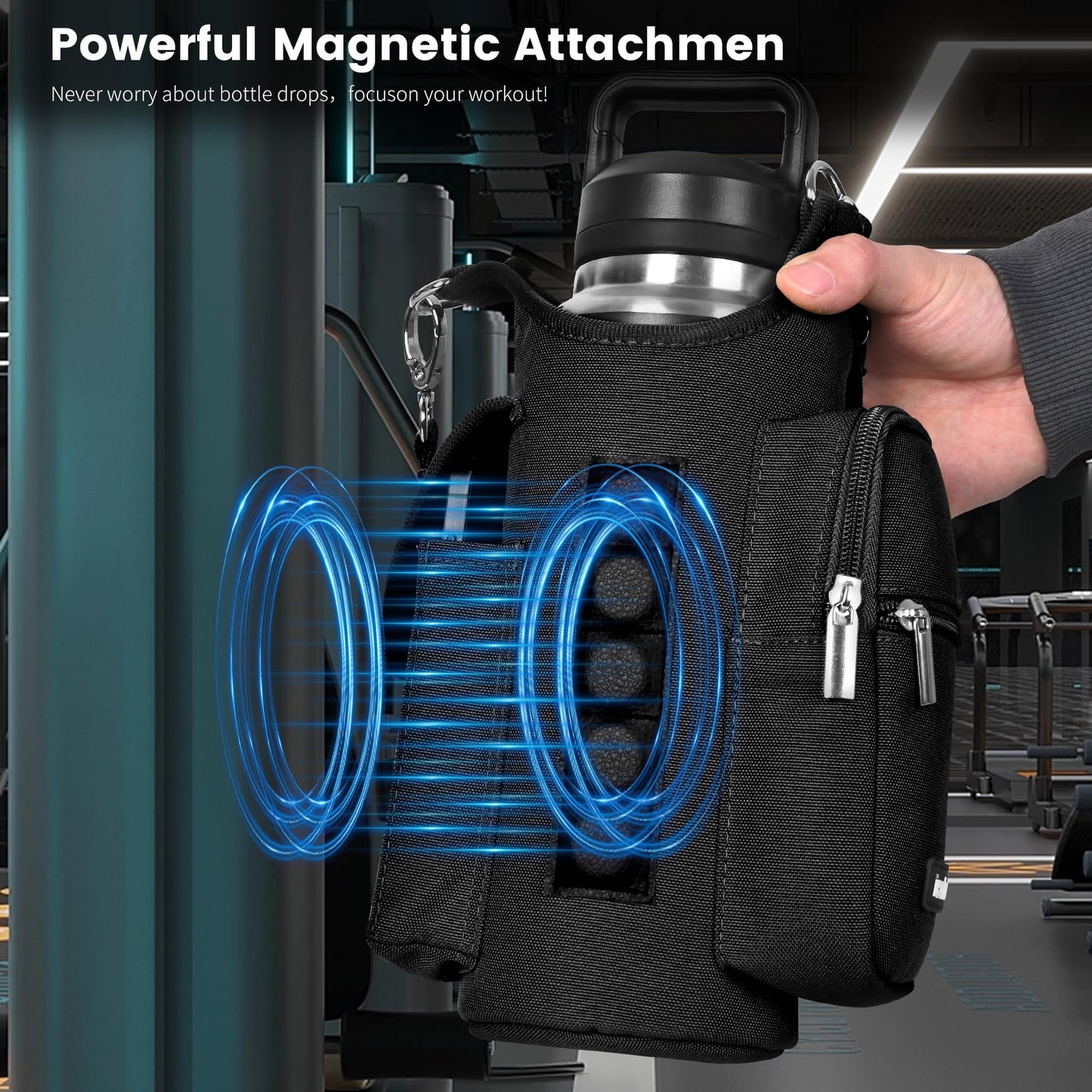 icolor Magnetic Gym Bag Water Bottle Carrier Holder with Phone Pockets & Shoulder Strap,Gym Magnetic Bag 5 Built-in Magnets Gym Accessories Organizer Sling Bottle Bag Pouch Sleeve