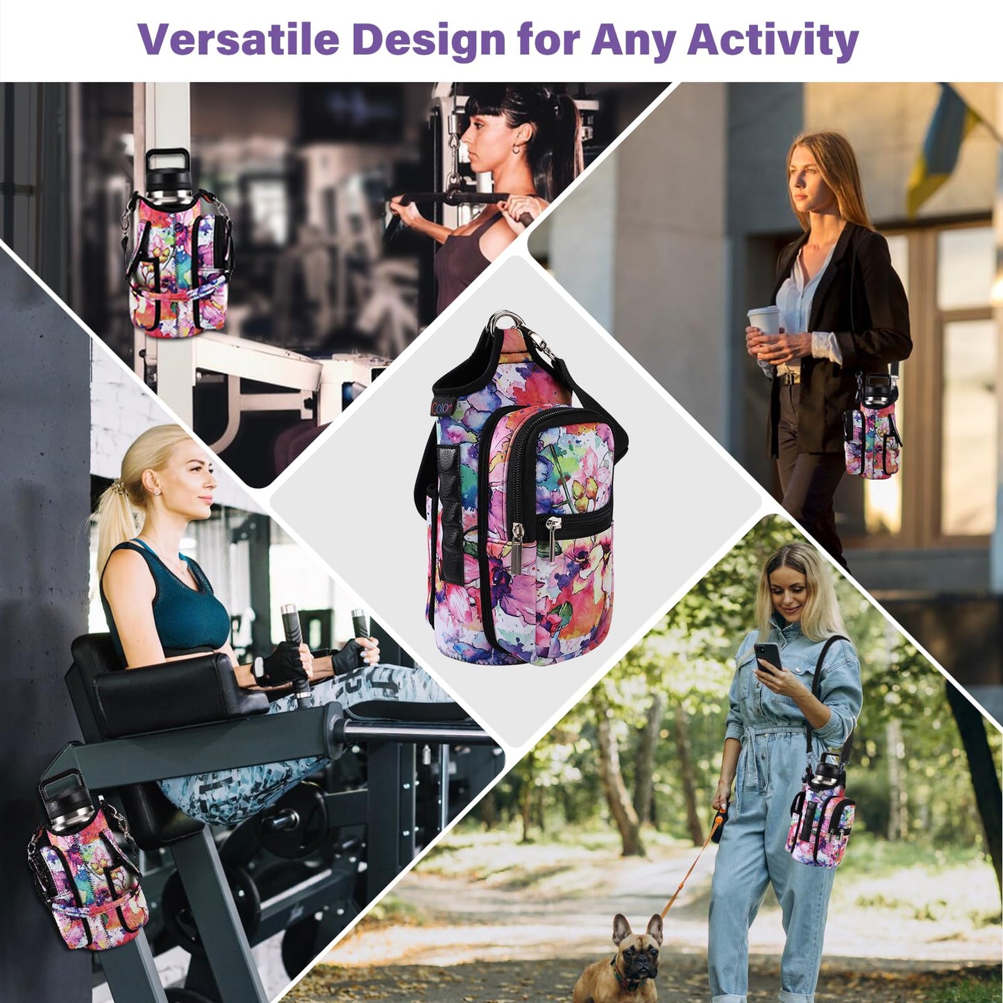 icolor Magnetic Gym Bag Water Bottle Carrier Holder with Phone Pockets & Shoulder Strap,Gym Magnetic Bag 5 Built-in Magnets Gym Accessories Organizer Sling Bottle Bag Pouch Sleeve