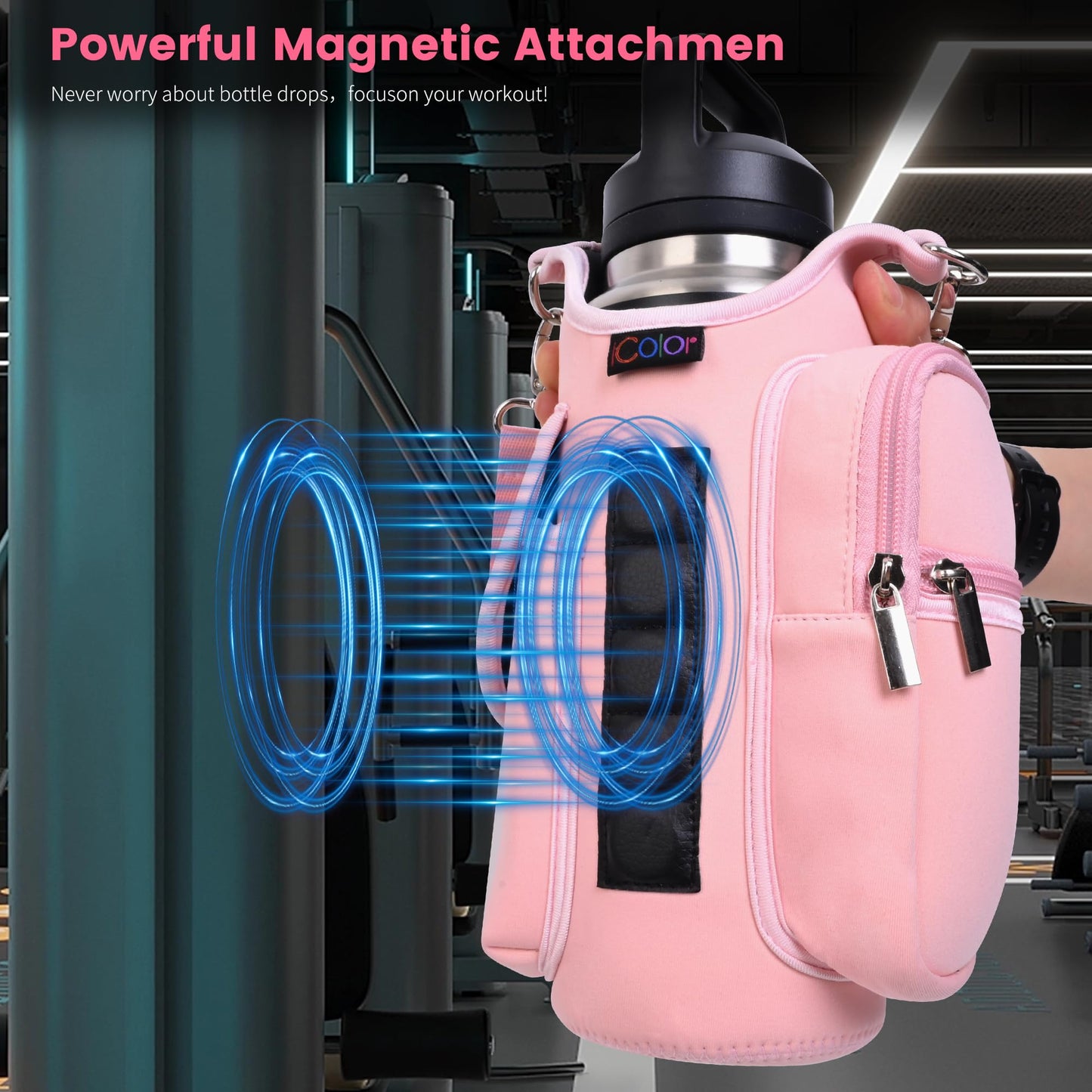 icolor Magnetic Gym Bag Water Bottle Carrier Holder with Phone Pockets & Shoulder Strap,Gym Magnetic Bag 5 Built-in Magnets Gym Accessories Organizer Sling Bottle Bag Pouch Sleeve