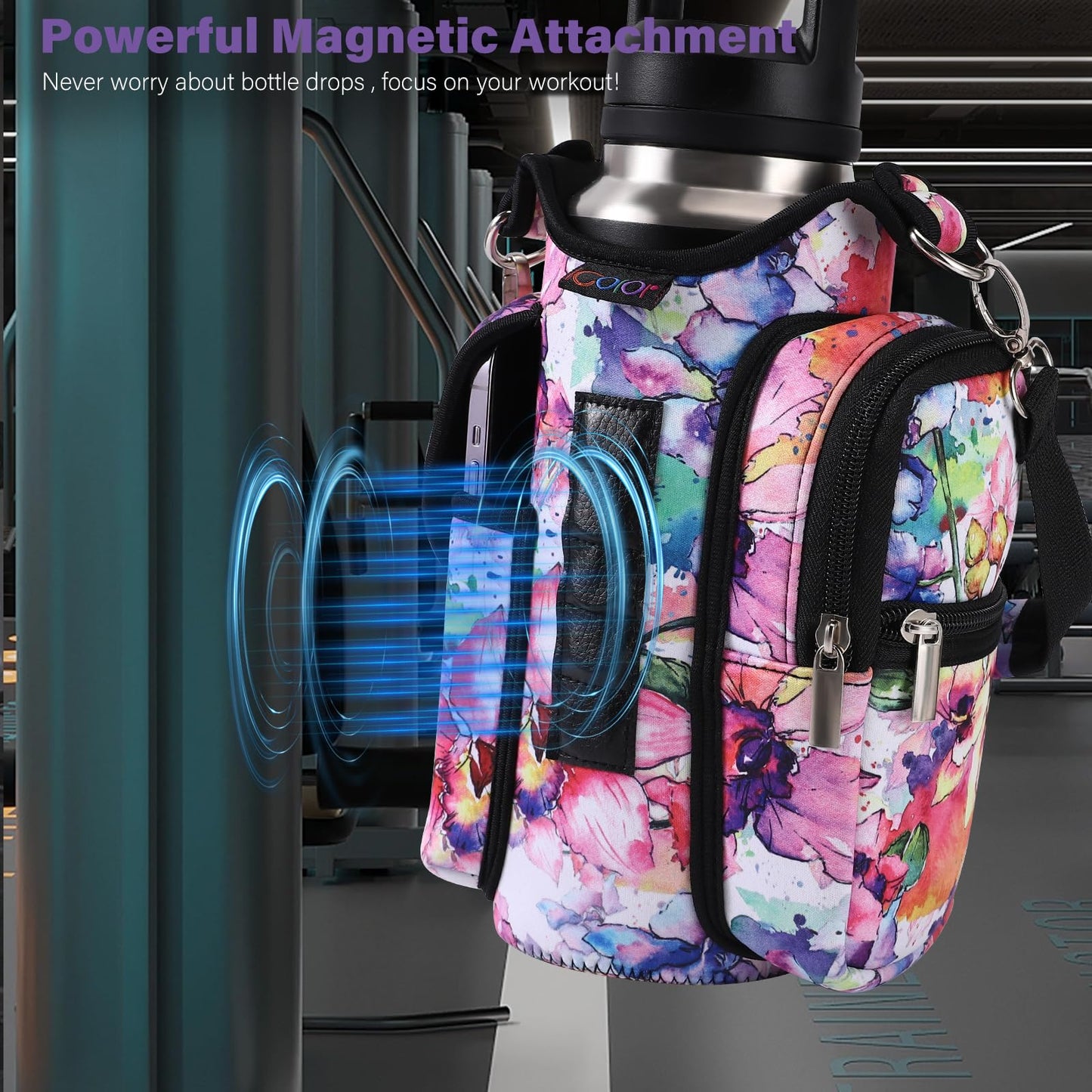 icolor Magnetic Gym Bag Water Bottle Carrier Holder with Phone Pockets & Shoulder Strap,Gym Magnetic Bag 5 Built-in Magnets Gym Accessories Organizer Sling Bottle Bag Pouch Sleeve