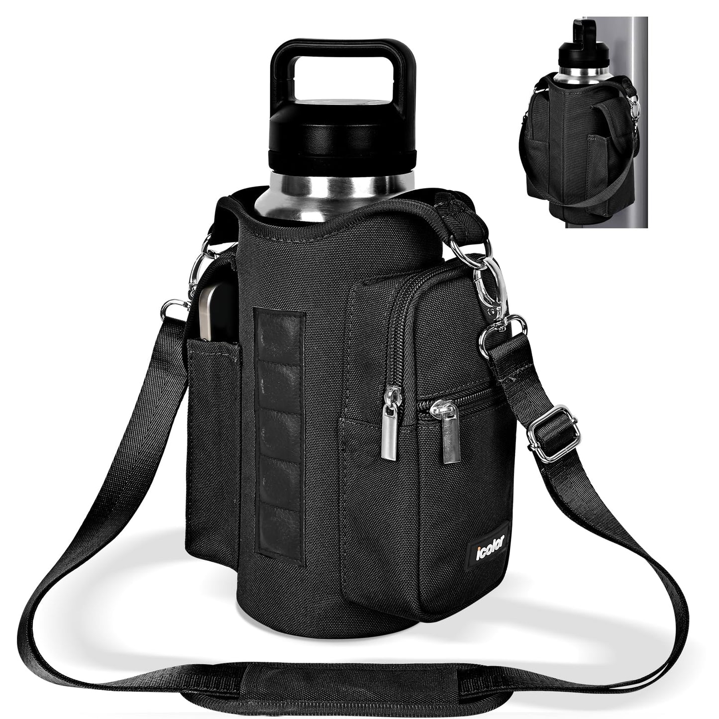 icolor Magnetic Gym Bag Water Bottle Carrier Holder with Phone Pockets & Shoulder Strap,Gym Magnetic Bag 5 Built-in Magnets Gym Accessories Organizer Sling Bottle Bag Pouch Sleeve