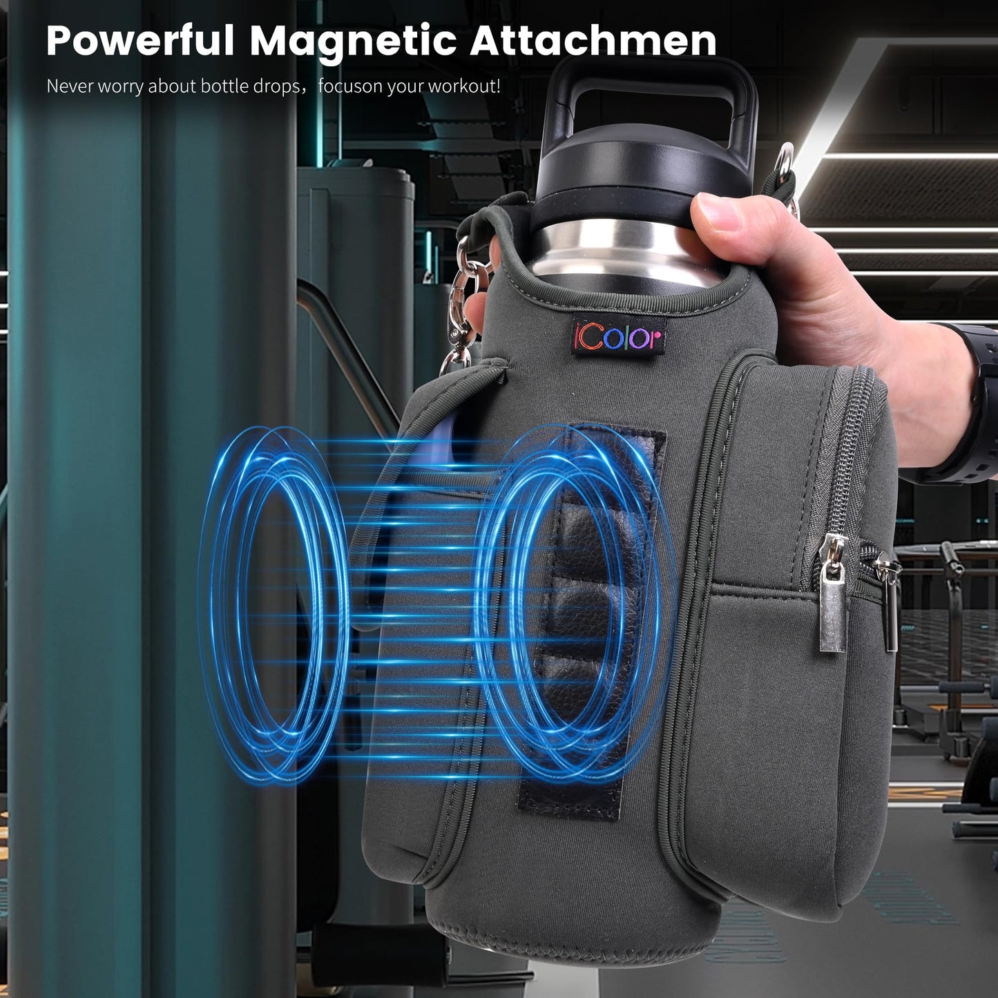 icolor Magnetic Gym Bag Water Bottle Carrier Holder with Phone Pockets & Shoulder Strap,Gym Magnetic Bag 5 Built-in Magnets Gym Accessories Organizer Sling Bottle Bag Pouch Sleeve