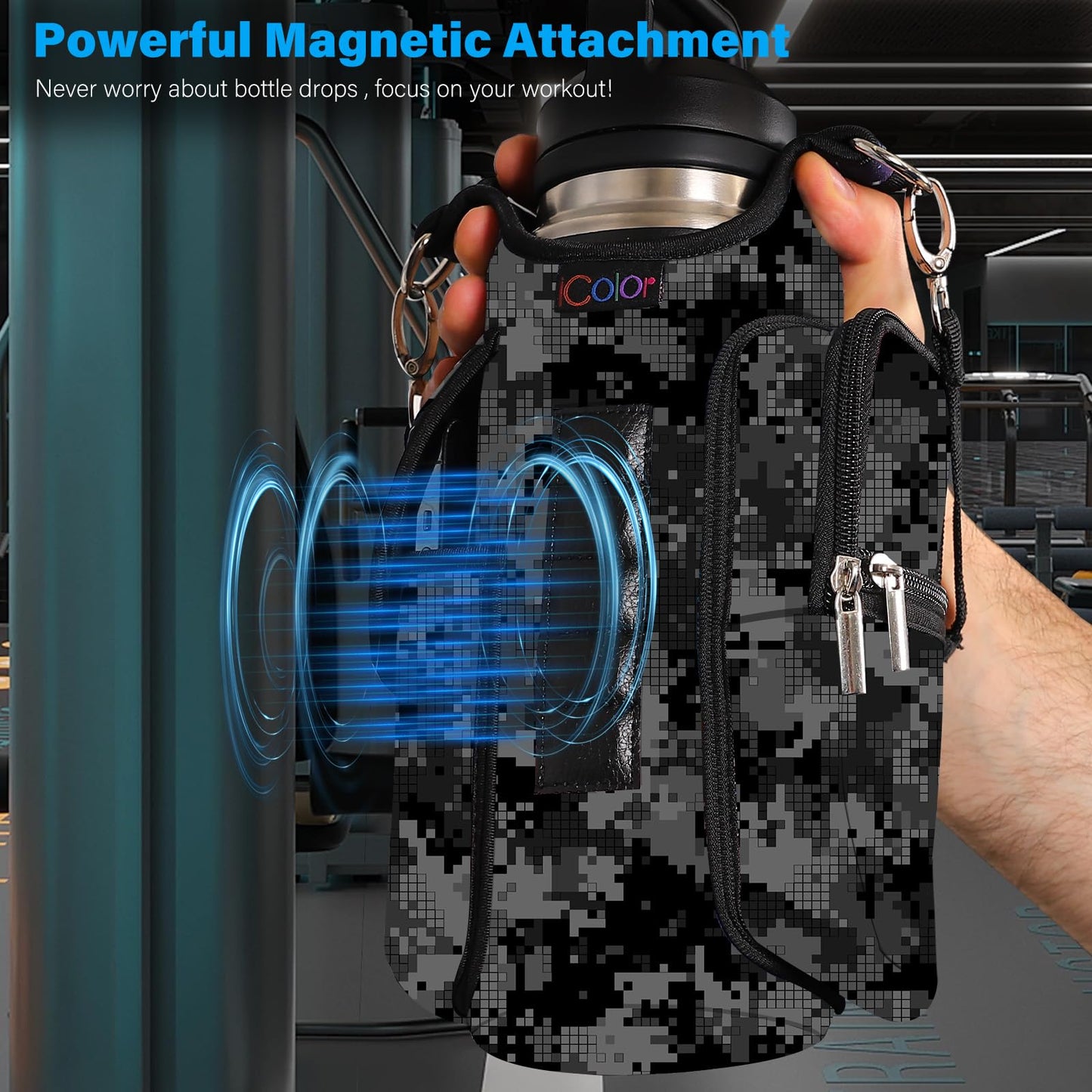 icolor Magnetic Gym Bag Water Bottle Carrier Holder with Phone Pockets & Shoulder Strap,Gym Magnetic Bag 5 Built-in Magnets Gym Accessories Organizer Sling Bottle Bag Pouch Sleeve