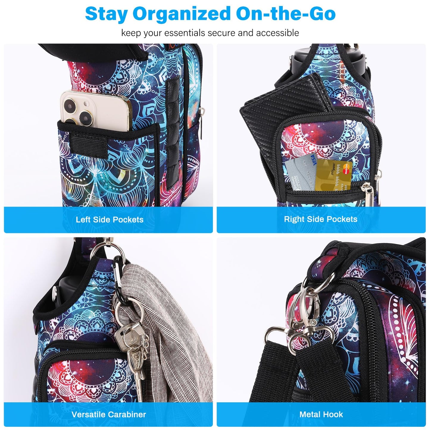 icolor Magnetic Gym Bag Water Bottle Carrier Holder with Phone Pockets & Shoulder Strap,Gym Magnetic Bag 5 Built-in Magnets Gym Accessories Organizer Sling Bottle Bag Pouch Sleeve