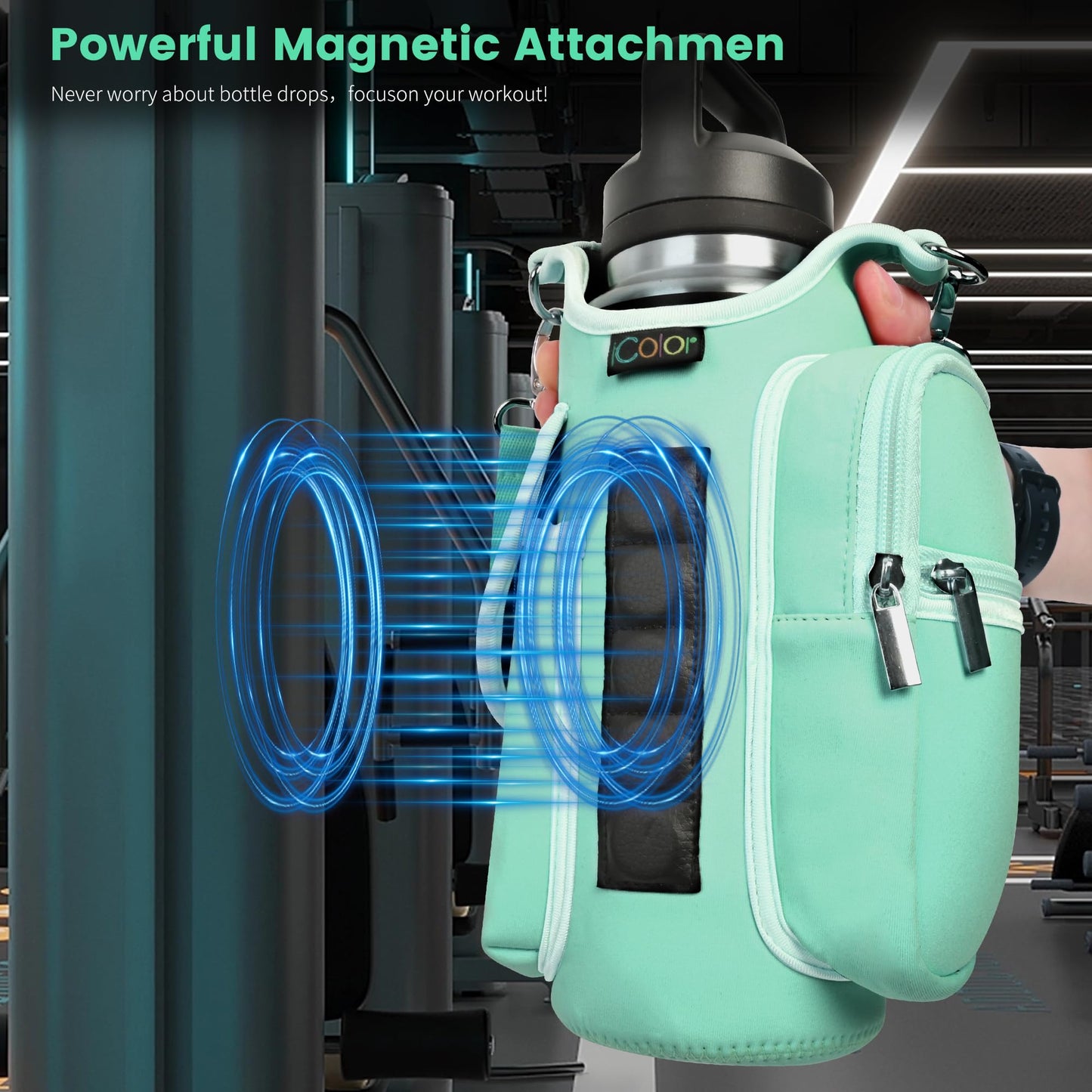 icolor Magnetic Gym Bag Water Bottle Carrier Holder with Phone Pockets & Shoulder Strap,Gym Magnetic Bag 5 Built-in Magnets Gym Accessories Organizer Sling Bottle Bag Pouch Sleeve