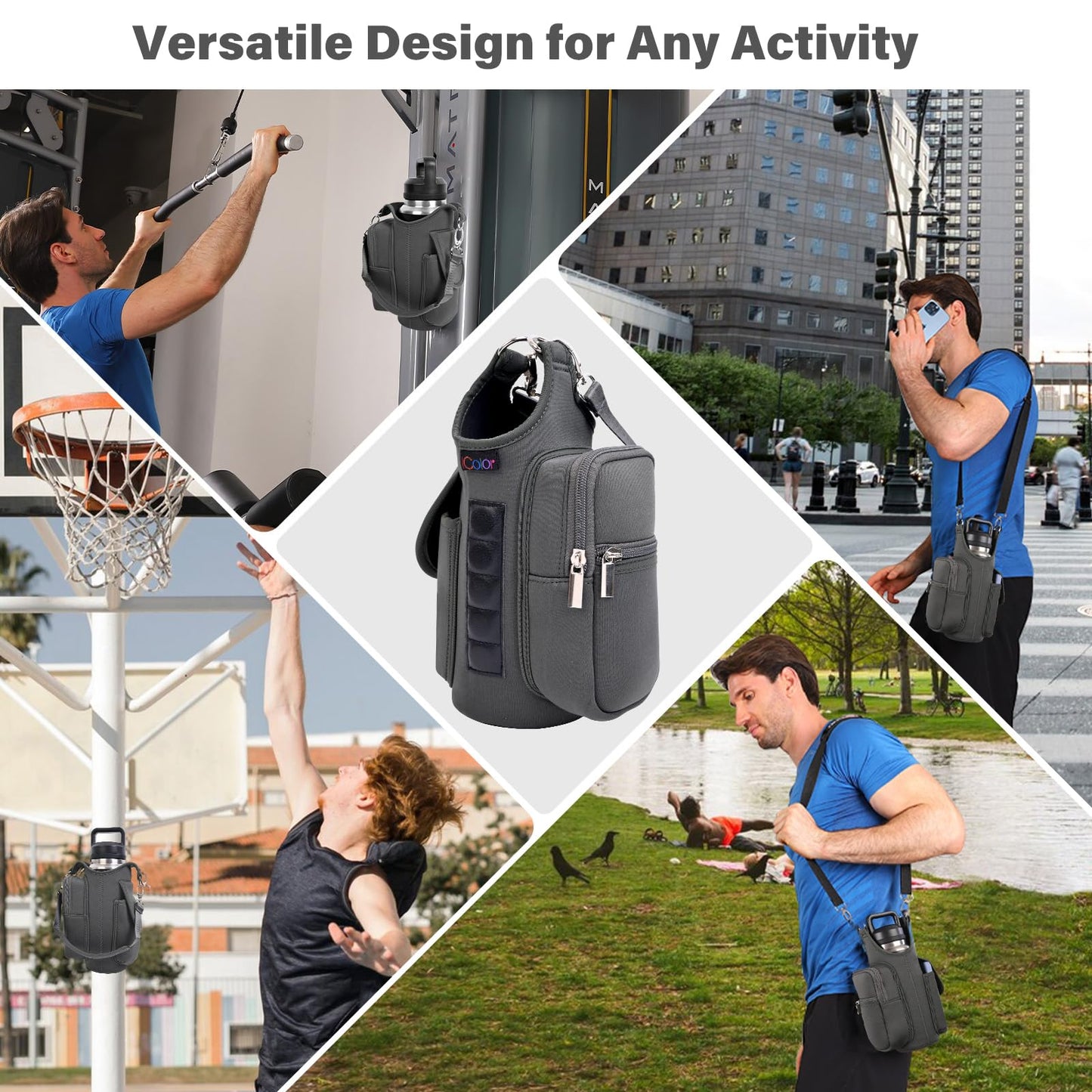 icolor Magnetic Gym Bag Water Bottle Carrier Holder with Phone Pockets & Shoulder Strap,Gym Magnetic Bag 5 Built-in Magnets Gym Accessories Organizer Sling Bottle Bag Pouch Sleeve