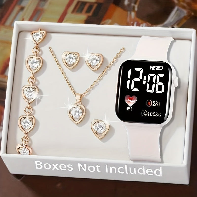 Minimalist And Compact Heart-Shaped Dial Square LED Watch Necklace Earrings Ring Set