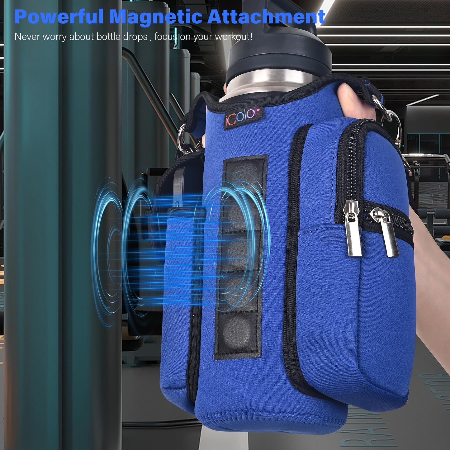 icolor Magnetic Gym Bag Water Bottle Carrier Holder with Phone Pockets & Shoulder Strap,Gym Magnetic Bag 5 Built-in Magnets Gym Accessories Organizer Sling Bottle Bag Pouch Sleeve