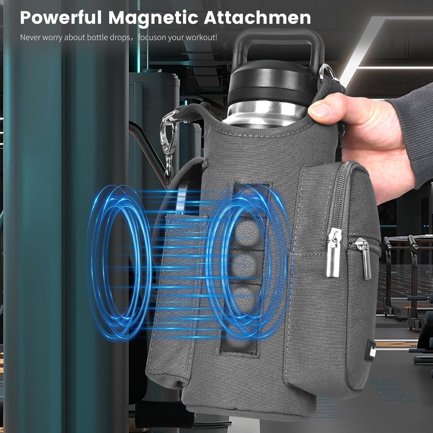 icolor Magnetic Gym Bag Water Bottle Carrier Holder with Phone Pockets & Shoulder Strap,Gym Magnetic Bag 5 Built-in Magnets Gym Accessories Organizer Sling Bottle Bag Pouch Sleeve