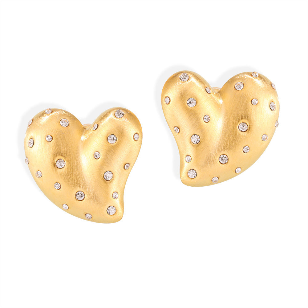 Diamond Love Heart Earrings Brushed Simple Niche