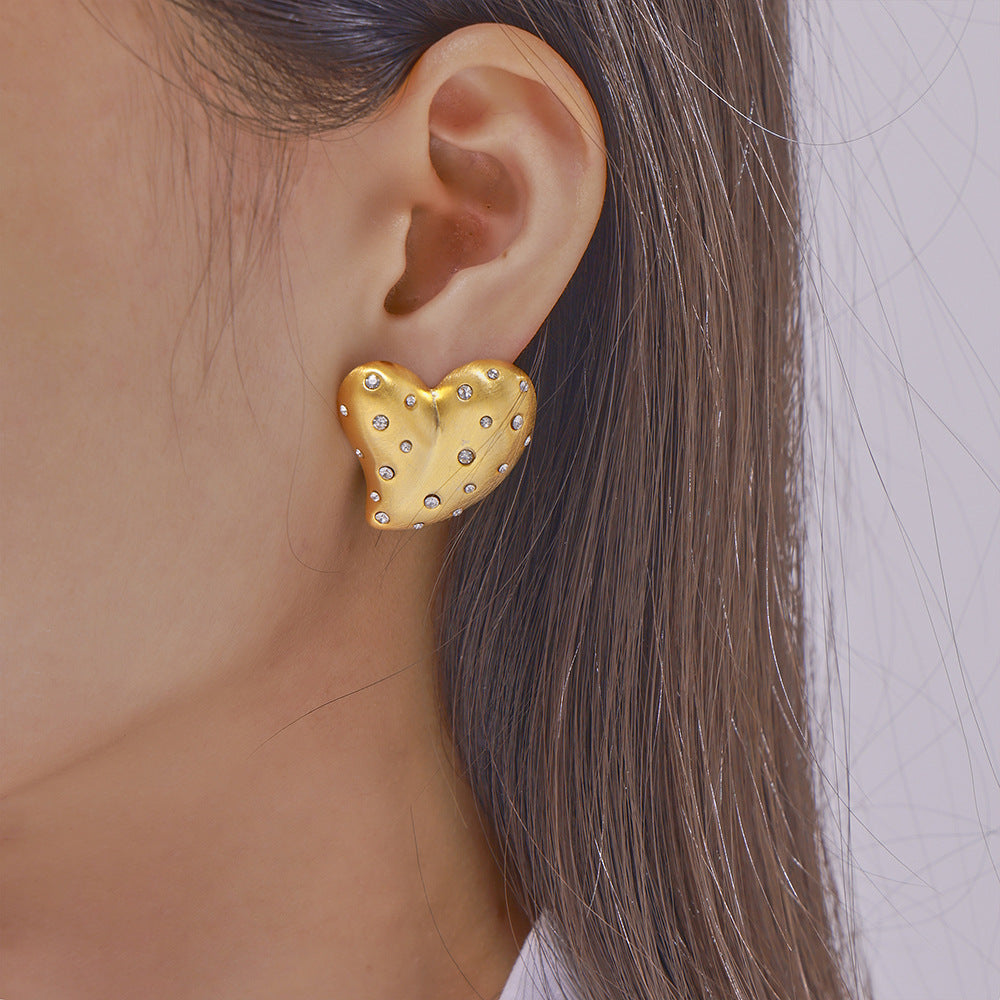 Diamond Love Heart Earrings Brushed Simple Niche