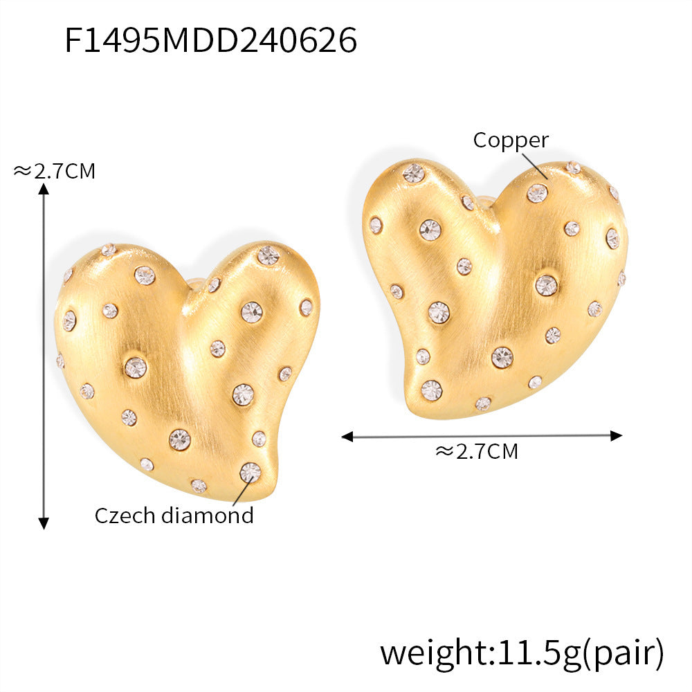 Diamond Love Heart Earrings Brushed Simple Niche